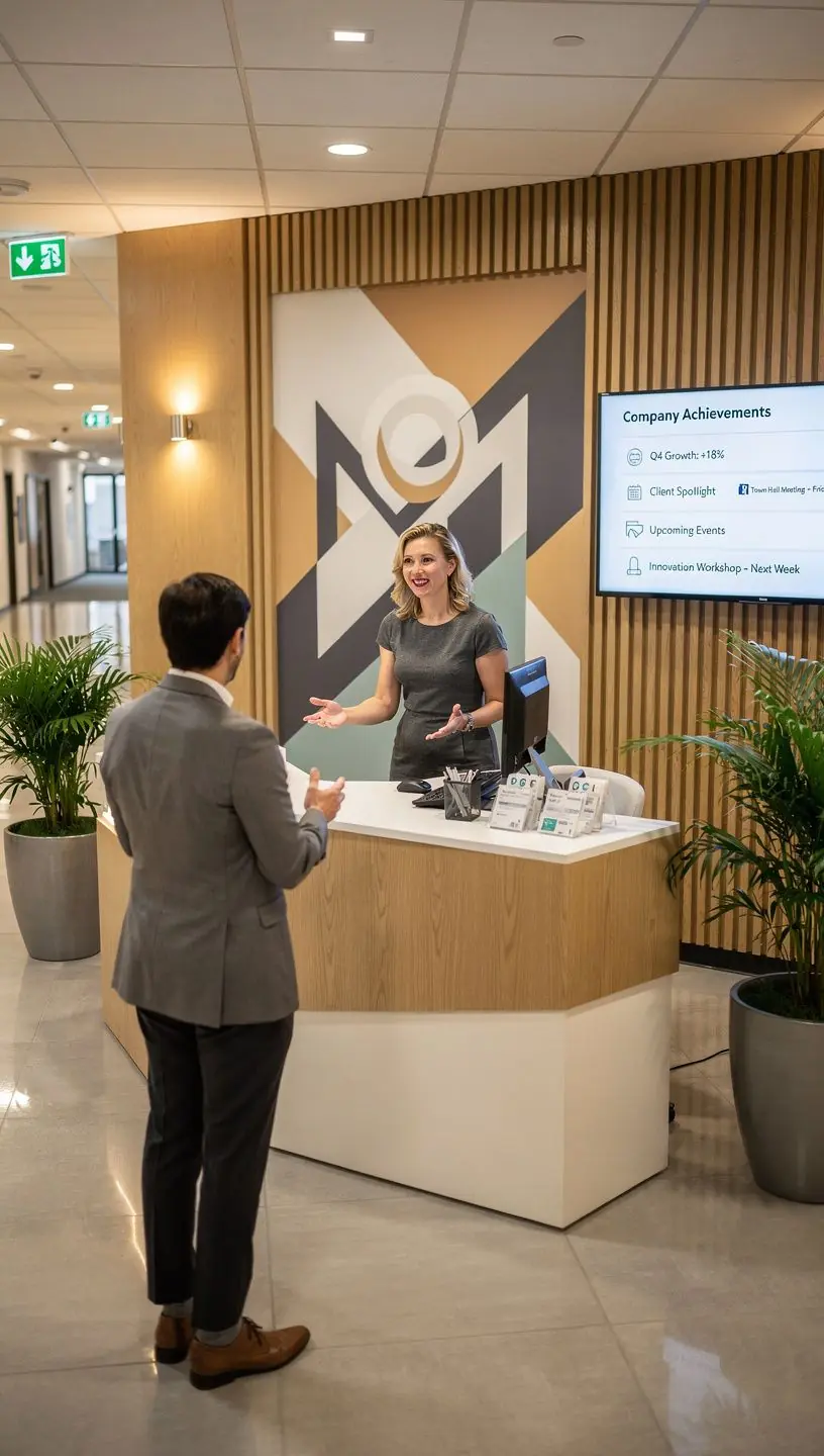 Estetyczne połączenie materiałów i kolorów w przestrzeni roboczej, które wspierają identyfikację marki.