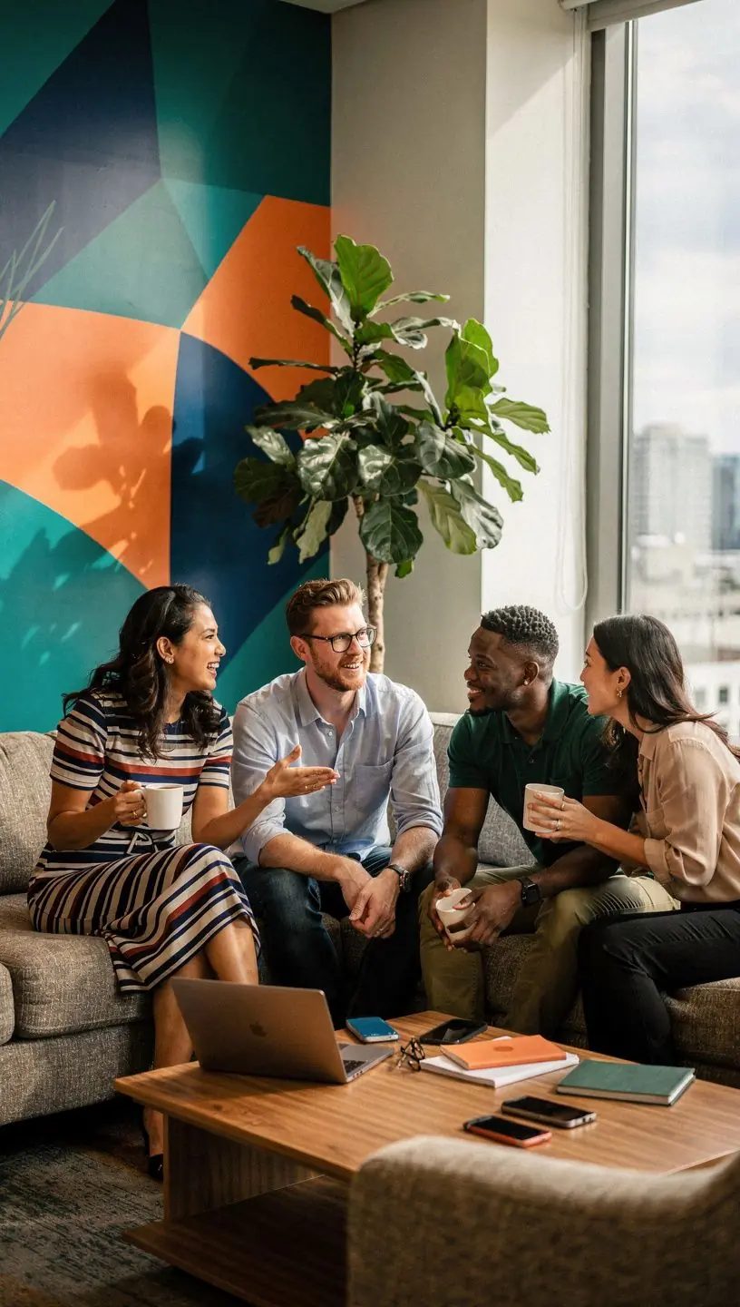 Przykład kolorystyki wnętrza biura z harmonijnym połączeniem materiałów.